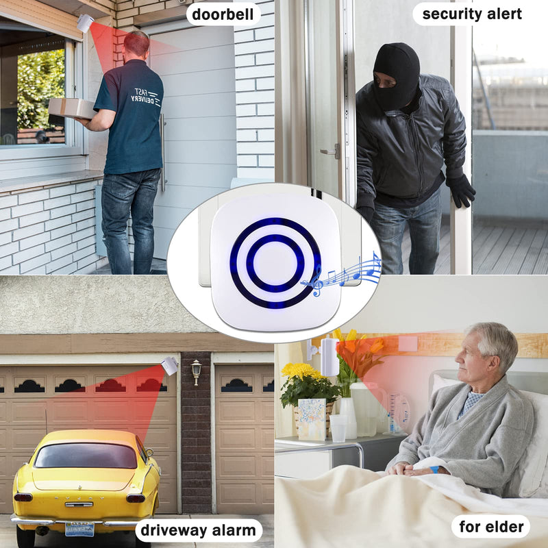 Motion Sensor Alarm, Long Range Wireless Driveway Alarm, Indoor Home Security System Electric Doorbells, 2 Motion Detector and 1 Alarm, 38 Chime Tunes, LED Indicator 1 alarm + 2 detector