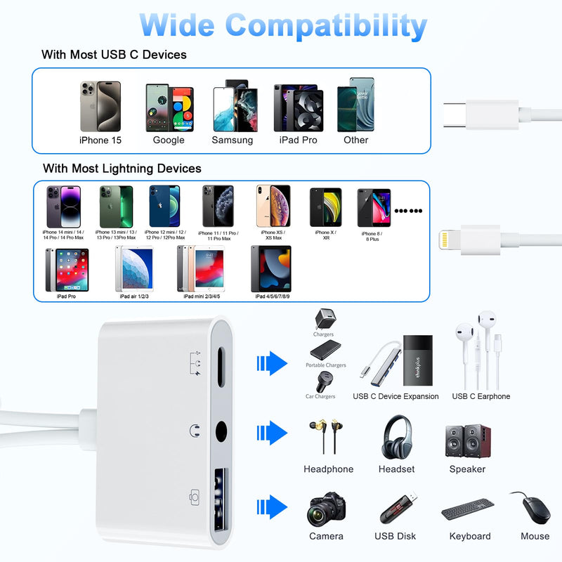 USB C Lightning to USB Camera Adapter with Charging Port [MFi Certified] USB C to USB OTG Adapter with USB+USB C Charging+3.5mm Headphone for iPhone 15/iphone/iPad to USB Flash Drive Reader/Keyboard USB Camera Adapter 1