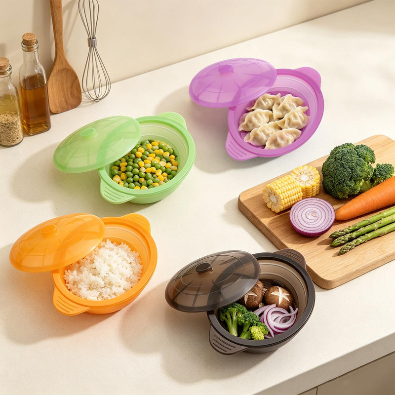 Microwave Steamer Cooker Collapsible Bowl-Silicone Steamer Cookware with Handle Lid for Vegetables Fish Prep Meal Food with Removable Rack BPA Free, Easy to Store, Freezer & Dishwasher Safe, Large Black