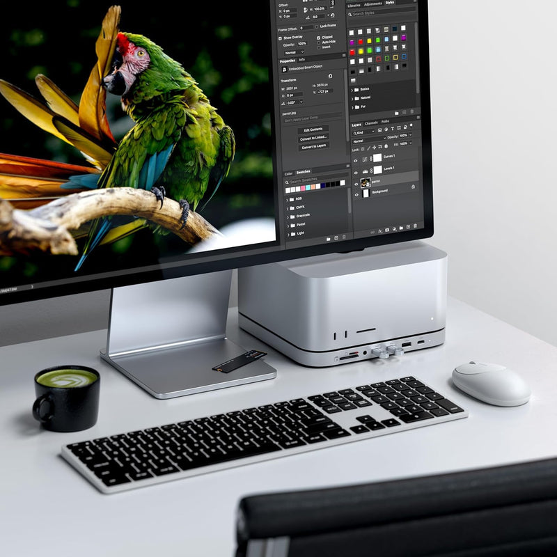 Satechi Mac mini Hub & Stand with SSD Enclosure for NVME/SATA M.2, Mac mini Dock with USB C 10Gbps, 3 USB A 5/10Gbps, 2.0 Audio Jack, for Mac Studio, Mac mini M2/M1 (Not Compatible with M4) - Silver NVMe SATA SSD