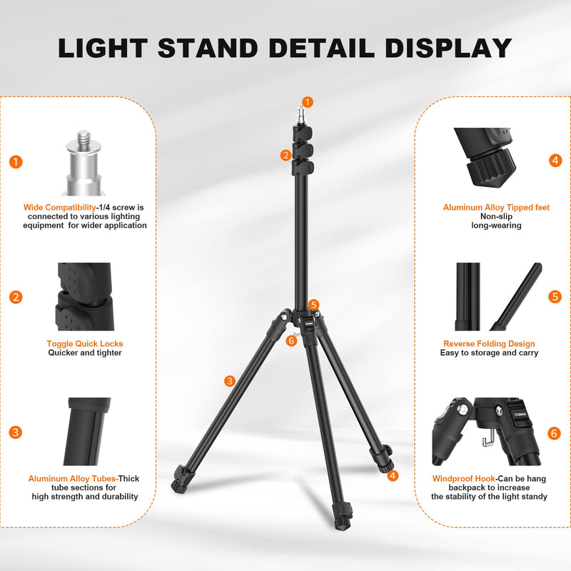 COMAN Extendable 6.23ft Light Stand, Adjustable Aluminum Tripod with 1/4" Screw - Portable, Reverse Folding Studio Lighting Stand for Strobe, Camera, Flash