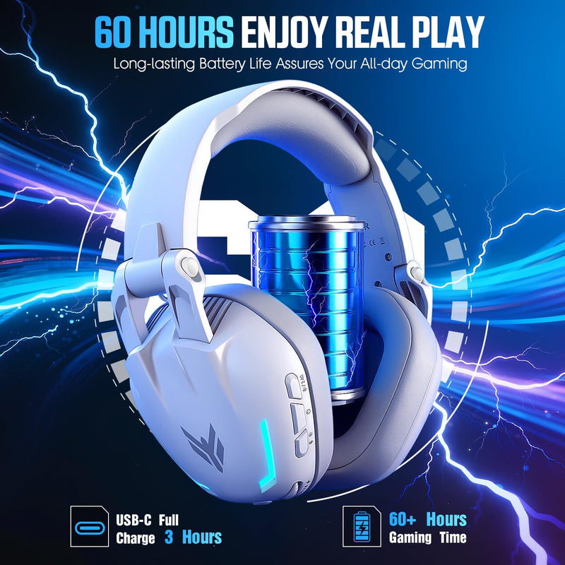 BENGOO G1 60H Wireless Gaming Headset with RGB Lights & Mic for PS5 PS4 PC | 7.1 Surround Sound, 2.4GHz USB/Type-C & Bluetooth 5.4, Noise Canceling Flip Microphone, Foldable Design for Switch Mac White