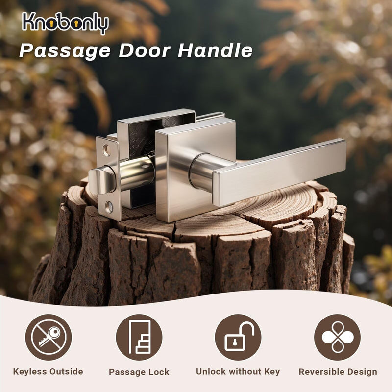 Knobonly 1 Pack Square Passage Door Levers Interior, Satin Nickel Door Handles, Hallway Closet Door Handlesets Indoor, Keyless Door Knobs Reversible for Right & Left