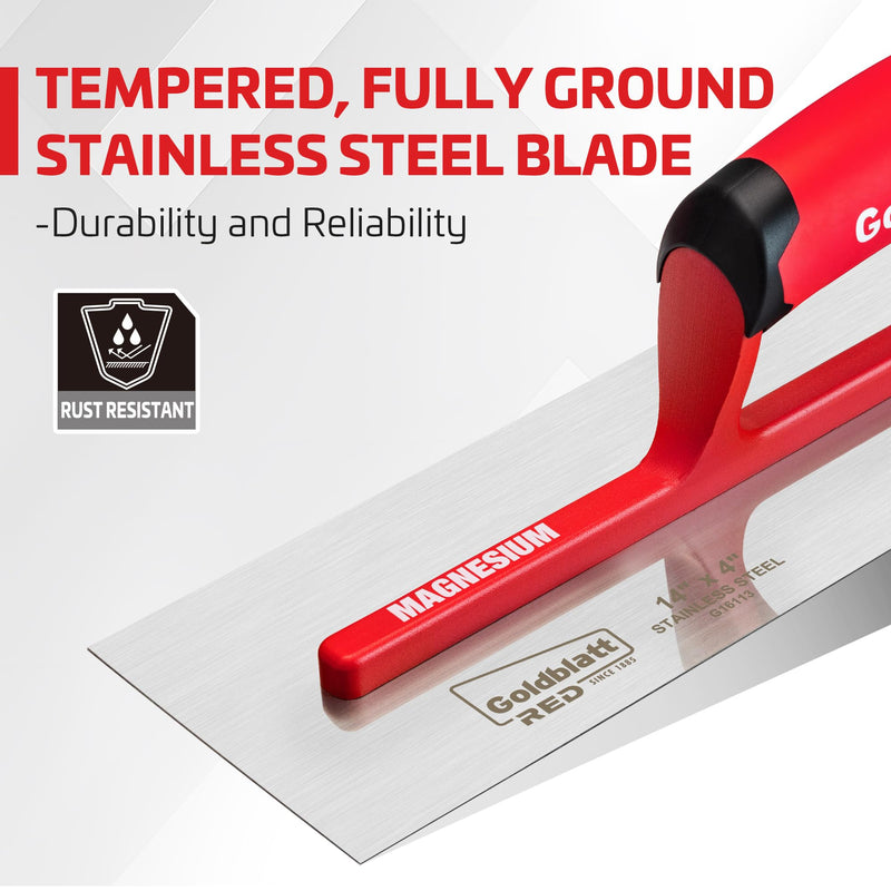 Goldblatt RED 14'' x 4'' Drywall Trowel with Lightweight Magnesium Shank, Stainless Steel Soft Grip Handle Finishing Masonry Trowel for Plastering, Wallboard, Concrete 14"x 4"