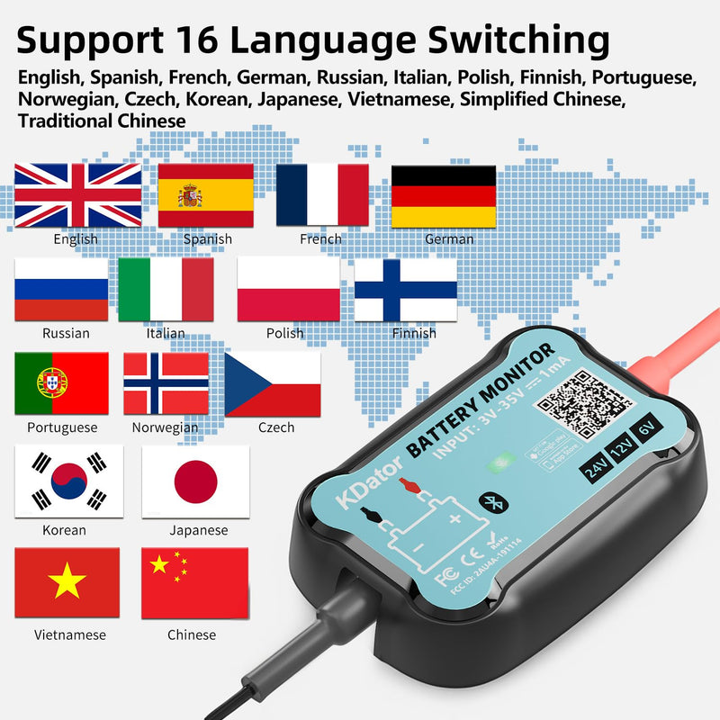 6V 12V 24V Bluetooth Battery Monitor BM7–Work for All Lead-Acid & Lithium Battery with Charging, Cranking System Test & Auto Alarm – Waterproof Voltmeter for Cars, Vans, Trucks, Motorcycles, Boats For 6-24V Lead-Acid & Lithium Battery