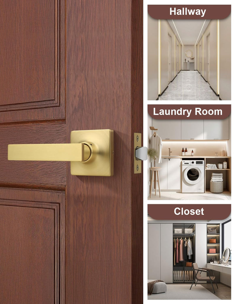 Mengico 1 Pack Passage Door Levers Gold Finish, No-Locking Keyless Square Door Knob, Interior Door Handles for Closet and Hallway, Reversible for Left & Right Handed