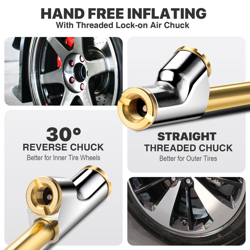 2 Pack 12" Extended Reach Dual Head Air Chuck, 2-Way Connection 1/4" FNPT Straight Foot Lock On Tire Inflate Chuck, Tire Chuck w/Quick Plug, Air Compressor Fill Kit for Truck RV Semi Dually Tires