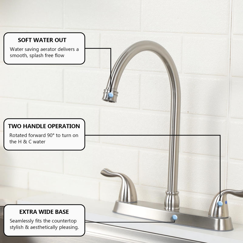 SHACO Kitchen Faucets, 13 Inch High Arc 2 Handle 8 Inch Centerset Kitchen Sink Faucet with Supply Line, 360° Rotating Spout 2 or 3 Hole Mount, Brushed Nickel, SC-KF200 Stainless Steel without Side Sprayer