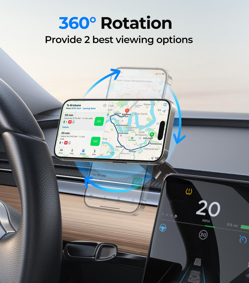 Tesla Phone Mount Qi2 Charger for iPhone MagSafe 【Hidden Foldable Design】 15W Wireless Charging, Universal Car Magnetic Dashboard Phone Holder, Tesla Model 3/Y/Cybertruck Accessories Screen+Charger
