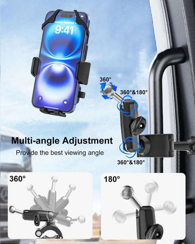 Truck Phone Mount for A Pillar Grab Handle [Anti-Shake] Metal Adjusting Arm Phone Holder Clip for Car, Semi Truck, Pickup, SUV, Van, Tractor, Excavator, Front Loader, Fit for iPhone 17 16 15