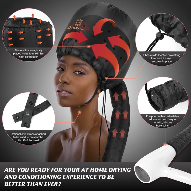 Bonnet Hood Hair Dryer Attachment - Soft, Adjustable Extra Large Bonnet Hair Dryer for Speeds Up Drying Time at Home, Easy to Use for Styling, Curling and Deep Conditioning (Black) Black