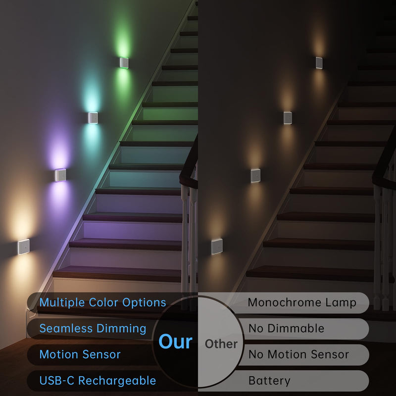 6 Pack Motion Sensor Night Light,Rechargeable Stair Lights, Motion Sensor Light Indoor, Battery Operated Night Light for Hallway, Stairway, Bathroom, Bedroom, Kitchen