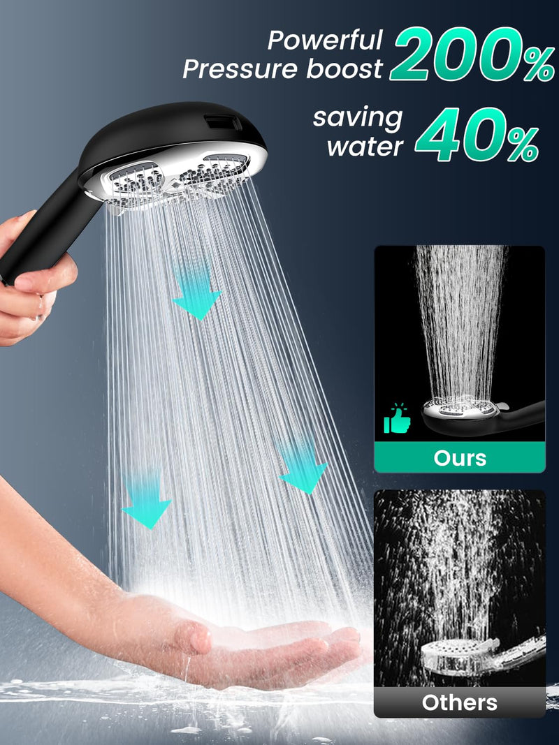 Filtered Shower Head with Handheld, High Pressure 7 Mode ShowerHead with Filters for Hard Water, Anti-clog Nozzles, Built-in Power Wash to Clean, Remove Chlorine - Reduce Dry Itchy Skin Black+Chrome