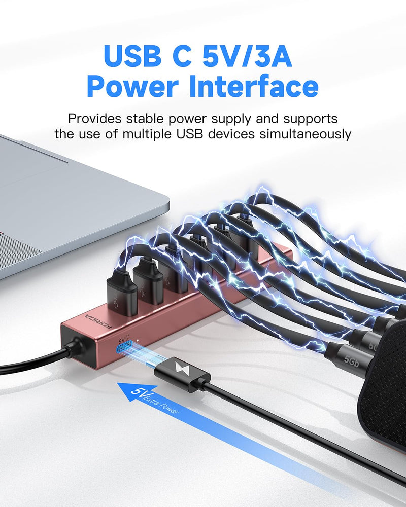 Aluminum USB 3.0 Adapter USB to Ethernet HUB with 120CM Long Cable for Laptop USB Extender with Gigabit Ethernet Port and 5V/3A Power Port 7 Ports USB Hub for iMac PC Flash Drives (Rose Gold) Rose Gold