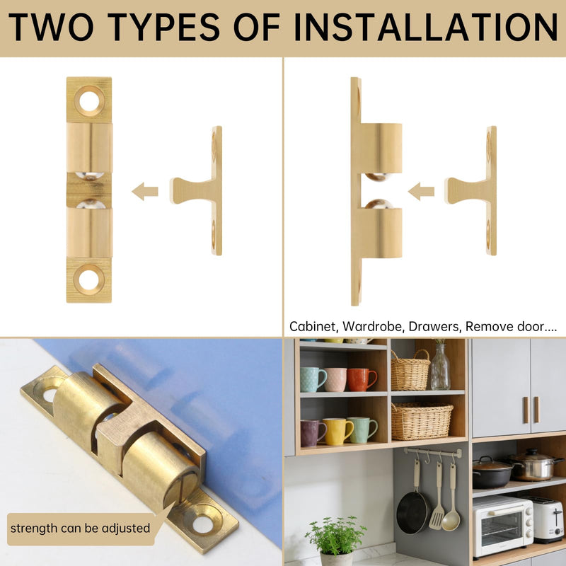 Double Roller Catch Cabinet Latches 70 mm,Solid Brass,Pack of 12,Gold | Adjustable, gold screws, double ball tension roller catches, for RV cabinets kitchen closet furniture doors 70mm