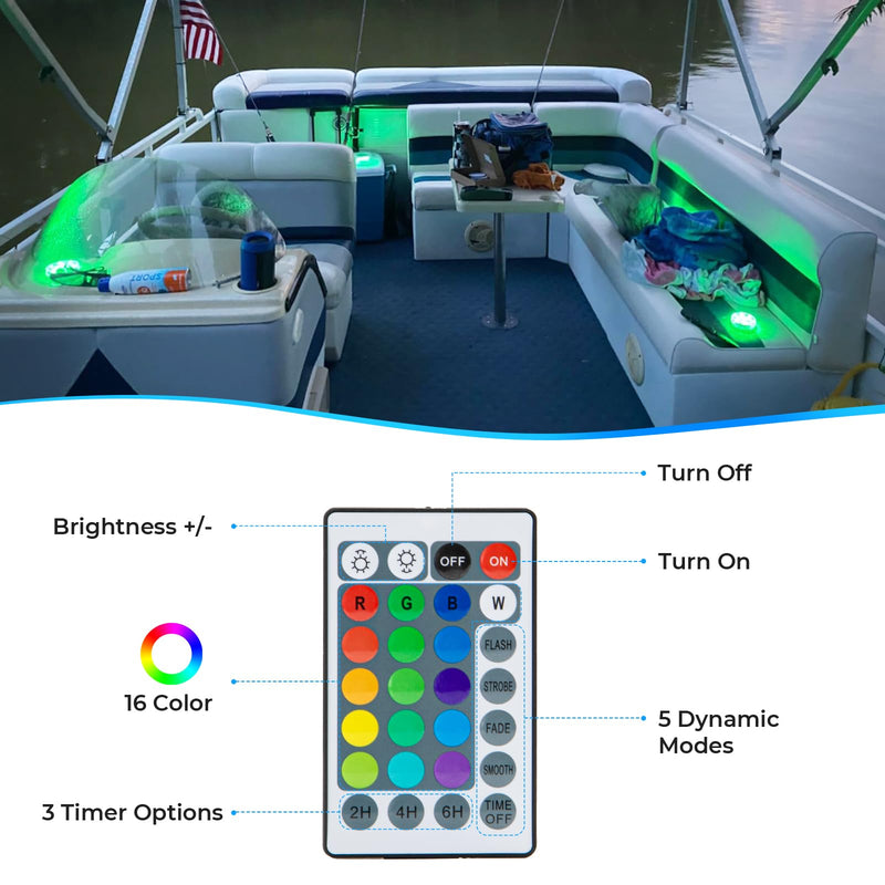 Seaponer Rechargeable Boat Lights - IPX8 Waterproof LED Lights with Remote, RGB Multi 25 Colors, for Deck Courtesy Interior Lights, Fishing Kayak Duck Jon Bass Boat, 2 Pack