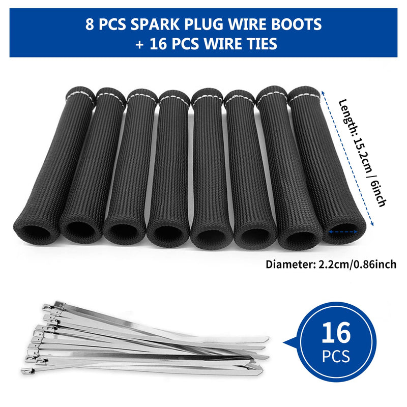 Spark Plug Wires Boots Heat Shields, 1500° Protector Covers Sleeves 6 Inch Automotive Spark Plugs Heat Shields Cover for SBC BBC 350 454 &16Pcs Stainless Steel Wire Ties (8 Pcs, Black)