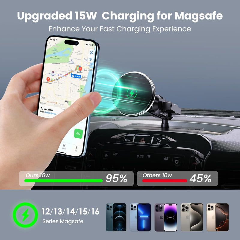 Dash Mount Wireless Charger Magnetic Holder with Metal Double Socket Arm | Fits 2013-2026 Kaishengyuan Metal Base | 20 Magnets | Double Socket Arm | 360 Rotation | 0.98in Ballhead | Magsafe Smartphone