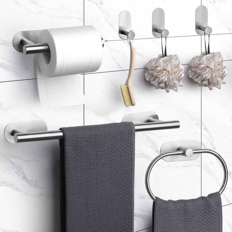 JiGiU Self Adhesive Towel Bar, Bathroom Hardware Set Include 16-Inch Bath Towel Bar,Toilet Paper Holder Towel Ring & 3 Packs Towel Hooks Stainless Steel Wall Mount No Drill Sticky on Towel Holder Kit Silver