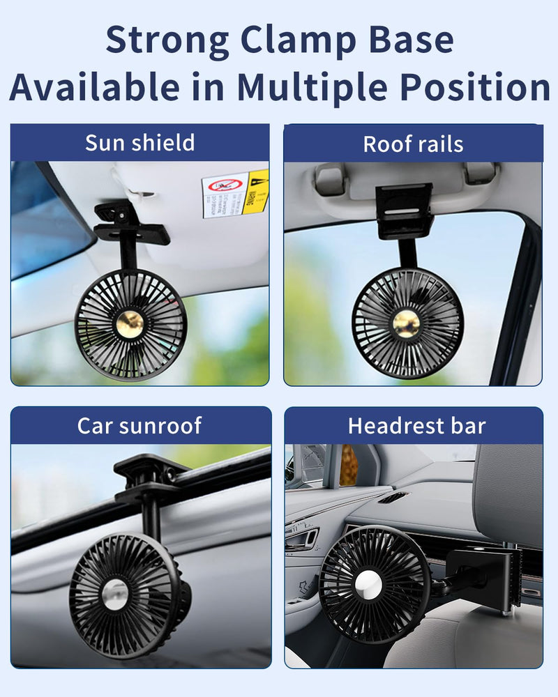 Usb Car Fan Oscillating Rechargeable Fan with Colorful Light Battery Powered, 360° Rotatable Portable Clip Fans That Blow Cold Air, Small Cooler Mini Fan Silent, for Vehicle Van Truck Suv Rv Black