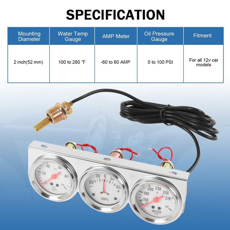 JDMSPEED 2" 52mm Triple Gauge Set Kit (Oil Pressure Gauge + Water Temperature Gauge + AMP Meter) 3‑in‑1