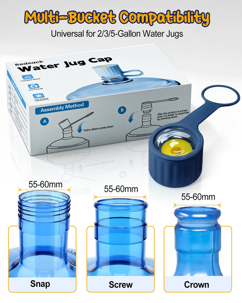 6-Packs Silicone Water Jug Cap, 2/3/4/5 Gallon Leak-Proof Replacement Cap for 55mm & 60mm Bottle Cap Standard/Screw/Crown Tops, Dishwasher Safe & BPA-Free (Dark Blue, 6 PACKS) Dark Blue