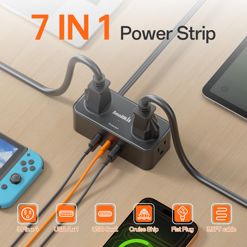 Power Strip with USB, SMALLRT 2 Pcs Flat Extension Cord with Multiple Outlets，3.3FT Flat Plug Power Bar with 4 Outlet Extender for Travel, Hotel, Dorm, Cruise Eessentials, No Surge Protection, Black 3.3 Ft-2pc
