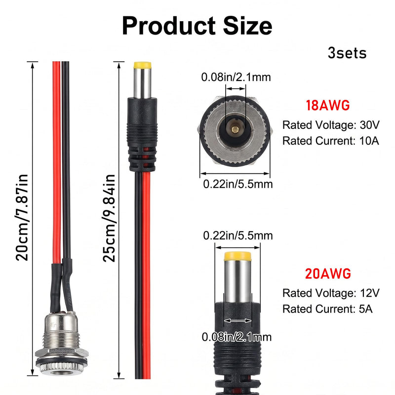 3Pcs DC Power Jack Socket Barrel Connectors 5.5 X 2.1 mm DC Jack | Threaded Female Mount Connector Adapter with Dust Caps for CCTV Camera, DIY Electronics Project, LED Strip