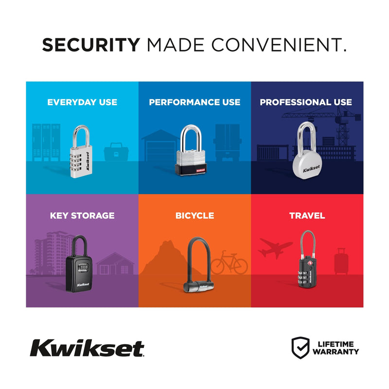Kwikset Aluminum Padlock with Hardened Steel Shackle, Outdoor Shed and Gate Lock, 1-1/4 in Body, 5/8 in Shackle, 4 Pack Keyed Alike, Silver 5/8" Shackle