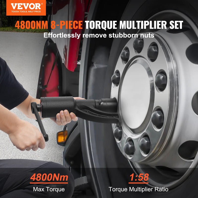VEVOR Torque Multiplier, 1 Inch Drive Lug Nut Wrench/Multiplier Heavy Duty Torque Multiplier Wrench Set, 1:58 4800N.m Lug Nut Remover, Includes 8 Sockets (24-38mm) and Storage Case 1:58 8 Sockets