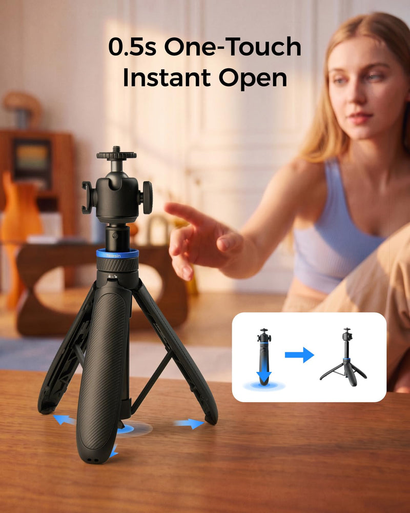 TELESIN 0.1s Auto Open Mini Selfie Stick Tripod for DJI Osmo Pocket 3 4 | 65 cm/25.5in Tripod Compatible with Insta360 Luna Ultra Xtra Muse Action Camera Accessories, Cold Shoe Mount, 360° Ball Head 65cm Selfie Stick Tripods (1/4" Bolt Adapter)