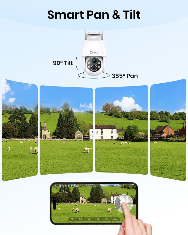 2K Solar Security Cameras Wireless Outdoor, WiFi Cameras for Home Security Battery-Powered, 360° PTZ, 3MP Color Night Vision, Two-Way Audio, Alexa/Google Assistant, 2.4Ghz Only White