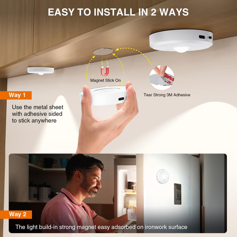 Puck Lights with Remote Control Rechargeable,Wireless Under Cabinet Lighting,2000mAh Battery Operated Tap Push Touch Light,Stick On Lights for Counter,Shelf,Bookcase (White, 5 Pcs) 5 PACK White