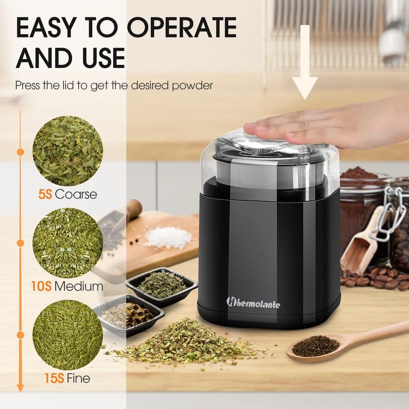 Herb Grinder Spice Grinder, 200 w Herb Grinder with Stainless Steel Blade and Cleaning Brush, Compact Size Electric Grinder for Herbs and Spices -5.11in (Black) Black