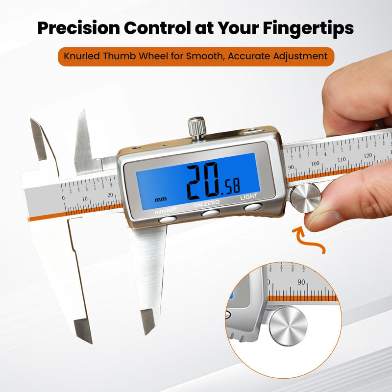 Digital Caliper, Rechargeable Digital Calipers with Backlight LCD & Auto-Off, Stainless Steel Measuring Tool, Inch/MM/Fraction Conversion for 3D Printing DIY Woodworking 6 Inch