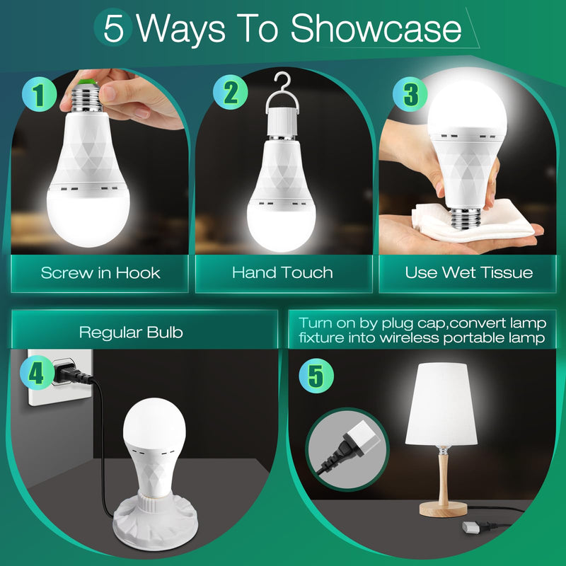 Emergency-Rechargeable Light Bulb with Hook,Stay Lights Up When Power Failure, 1500mAh 12W 60W Equivalent LED Light Bulbs for Home, Camping, Hiking(E27, with Hook,with Plug Cap) 6 Pack ZS6P