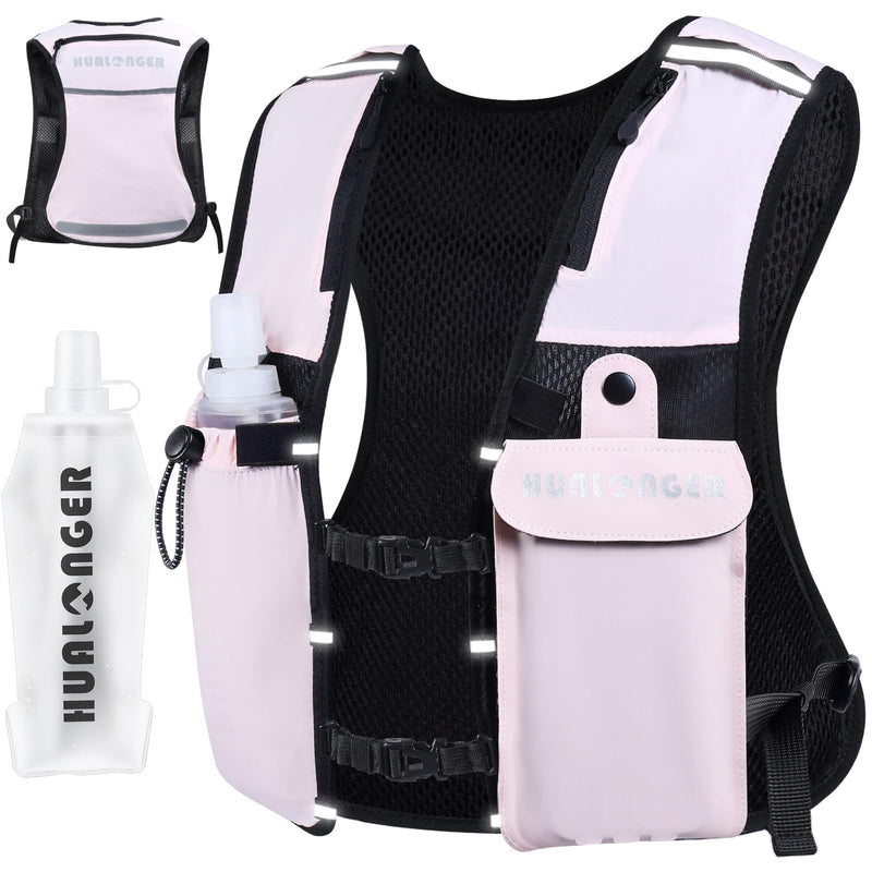 Running Hydration Vest for Women Men,Lightweight Breathable Hydration Pack with 500ml Soft Flask, Adjustable Chest Straps Reflective Backpack for Trail Running Marathon Race Jogging Cycling Pink