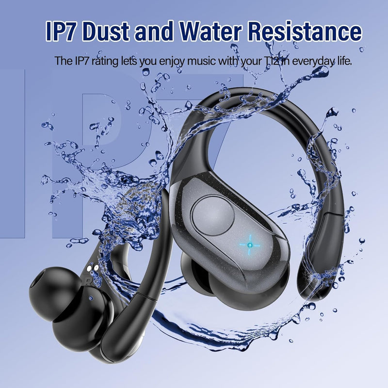 75H Sports Wireless Earbuds Bluetooth 5.4 Headphones Stereo Deep Bass,Black | Over Ear Buds with Earhooks, LED Display Bluetooth Earbuds with 4 ENC Mic, IP7 Waterproof Earphone for Running Black