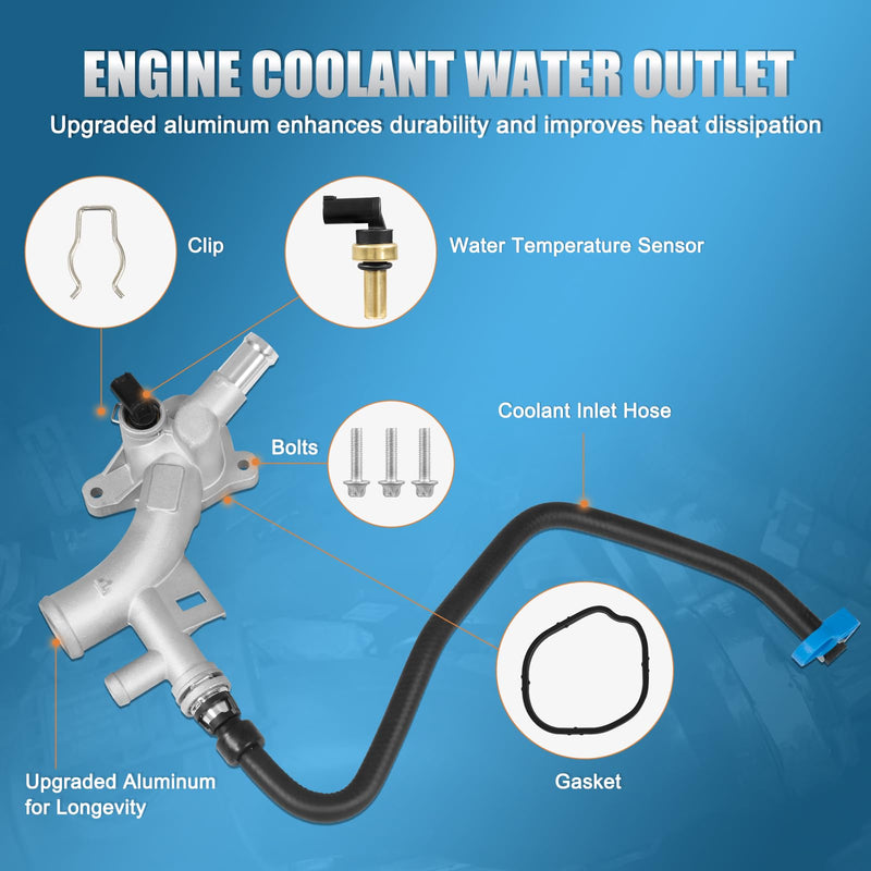 902-846 Upgraded Aluminum Engine Coolant Thermostat Housing Water Outlet with Inlet Hose & Sensor Compatible with 2011-2020 Chevy Cruze Sonic Trax Buick Encore 1.4L Replace# 25193922 55565334 W/ Inlet Hose