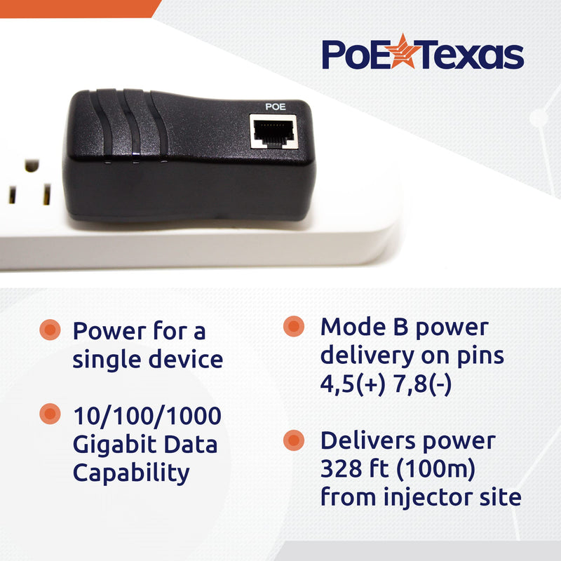 Poe Texas PoE Injector - Single Port Power Over Ethernet Passive PoE Adapter - UL Rated with Integrated 48V 15W Power Supply - 10/100/1000 Gigabit Data - Plug & Play Home Office VoIP Phone WiFi AP