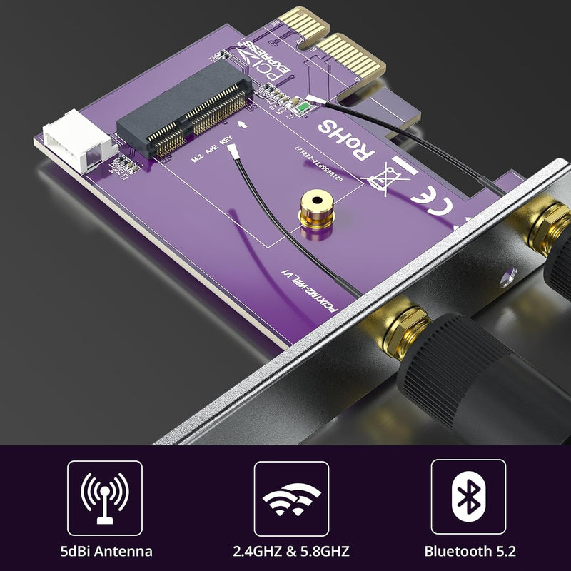 H!Fiber PCIE X1 to M.2/NGFF (A+E Key) Module Adapter Card with Dual-Band 2.4&5G 2X 5dBi Antenna M.2/NGFF (A+E Key)
