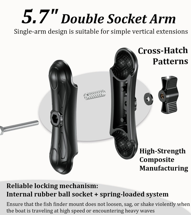 LOKTENWO Aluminum Fish Finder Mount for Boat with 1.5" Ball & 5.7" Arm | Heavy Duty Universal Marine Electronic Mount Compatible with Garmin, Lowrance, Humminbird, Raymarine