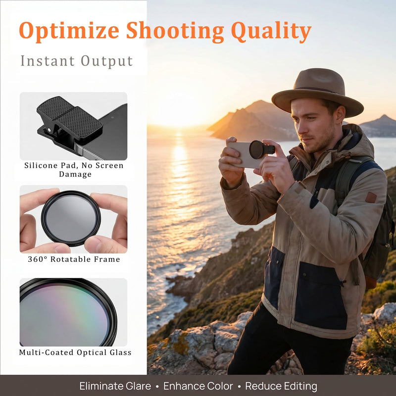 52mm CPL Lens for iPhone – Phone Camera Lens Filter Kit, Polarizing CPL Filter iPhone Compatible, Anti-Glare Phone Lens Clip for Travel, Landscape & Vide