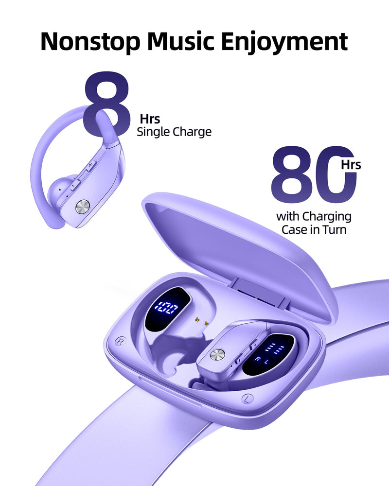 Wireless Earbuds Bluetooth Headphones Over Ear Hooks Ear Buds with 80H Playtime, LED Power Display, Dual Mic Clear Calls, Sports Wireless Ear Buds Bluetooth Earbuds for Running Gym Workout (Purple) Purple
