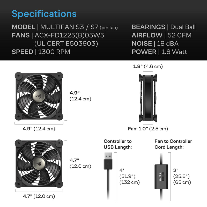 AC Infinity MULTIFAN S7, Quiet Dual 120mm USB Fan. | UL-Certified, for Receiver, DVR, PlayStation, Xbox, Computer Cabinet Cooling