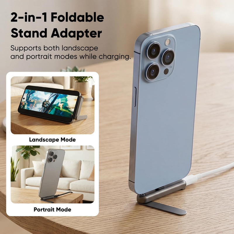 Adapter for Lighting Male to USB-C Female 27W Fast Charging | Foldable Phone Holder, 480 Mbps Data Transfer, 90-Degree Angle, Premium Aluminum Alloy, for iPhone/Samsung Lightning male to USB-C female