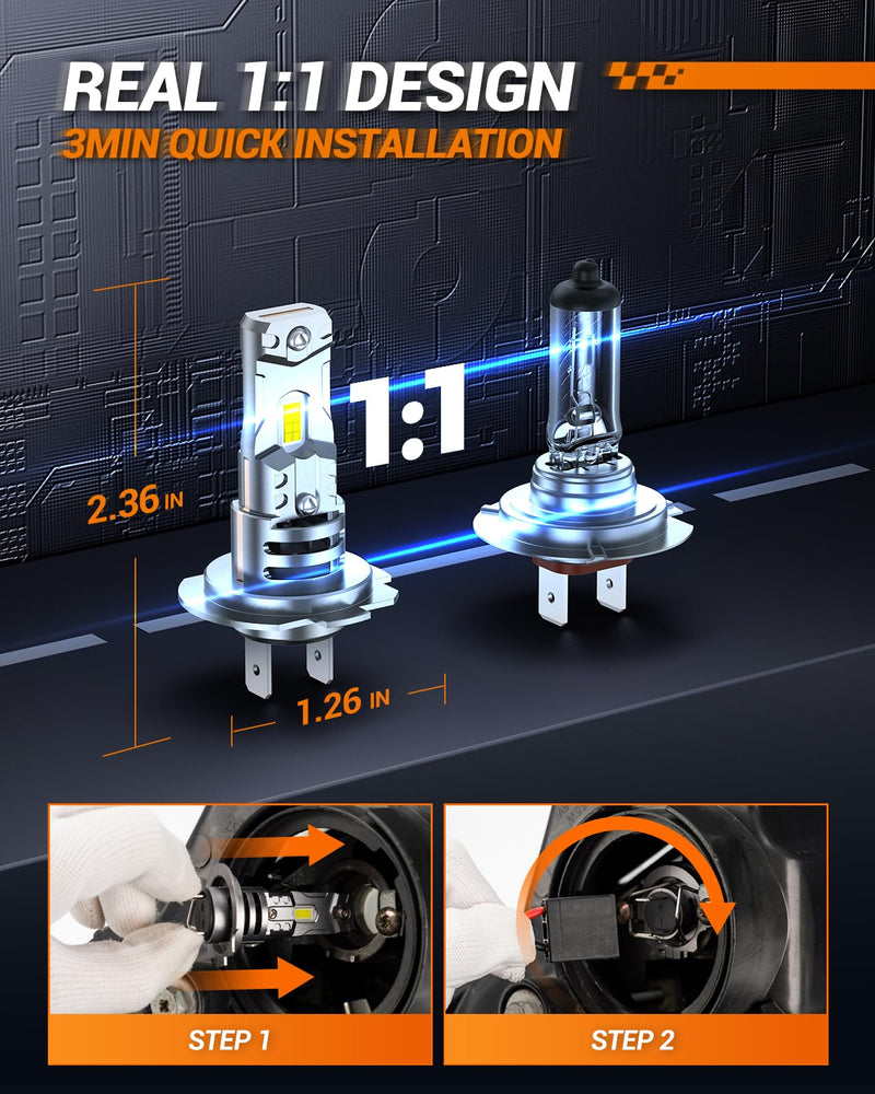 SEALIGHT h7 LED Headlight Bulb, 44,000LM 6500K Output Canbus Ready, 800% Brighter H7 Bulbs For Powersports IP68 60000Hrs Lifespan, 1：1 Size 3Mins Installation, 2 Pack