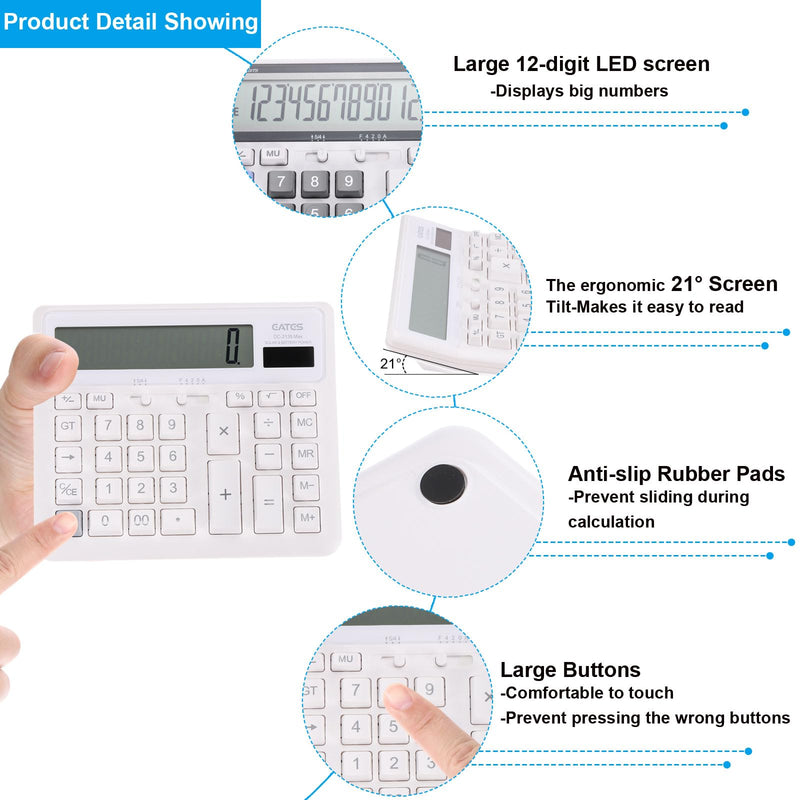 PATIKIL Desk Calculator, Solar Battery Dual Powered 12 Digit Large LED Display Standard Function Electronic Large Computer Keys Button Calculator for Home Office Desktop, White