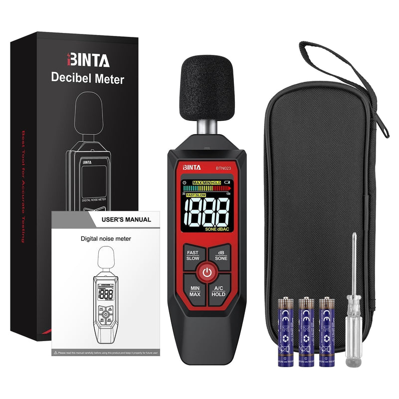 BINTA Decibel Meter, Digital Sound Level Meter with A/C Weighted, Portable SPL Tester 30-130dB Noise Measure with Backlit LCD Display, Max/Min, dB/SONE Unit, Data Hold for Home Office Factory Neighbor