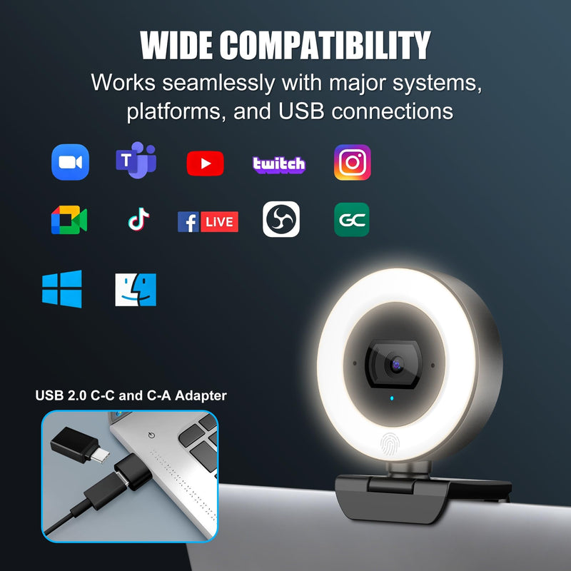 4K Webcam with Ring Light, PDAF Autofocus Web Camera for Desktop Computer | SIWOTECH Streaming Camera, 4K Webcam for PC, Built-in Privacy Cover, Dual Omnidirectional Mics, USB Plug-and-Play for Zoom